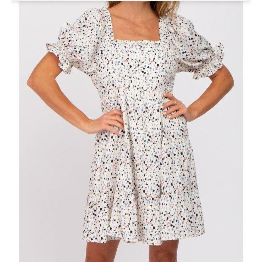 Jodifl Ivory Terrazzo Print Puff Sleeves Tiered Mini Dress Size Small